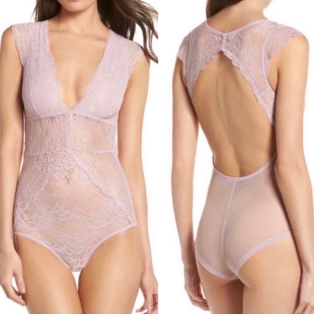 Sam Edelman Sexy Lace Dawn Bodysuit Teddy in Dawn Pink & Antique White Colors